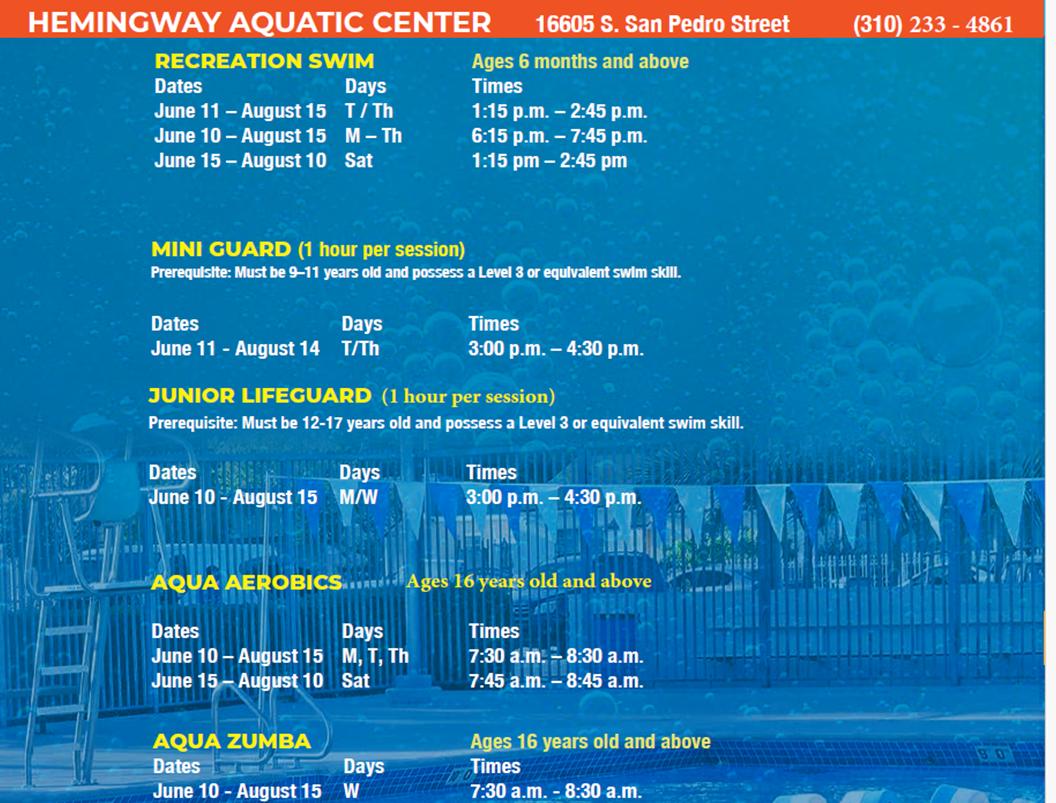 Hemingway Aquatic Center Programming Summer 2024
